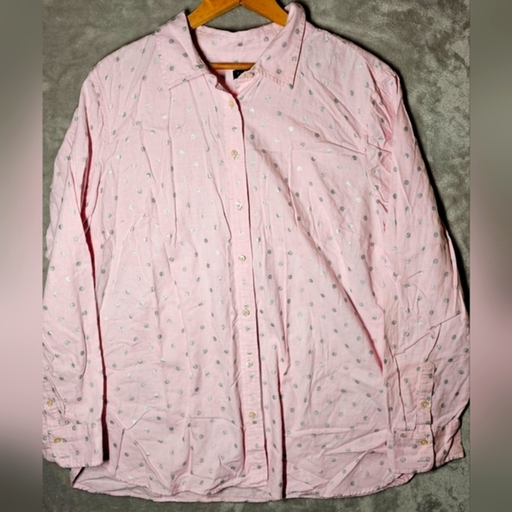 Talbots Women's Collared Button Down‎ Shirt Pink With Grey Polka Dots XL.